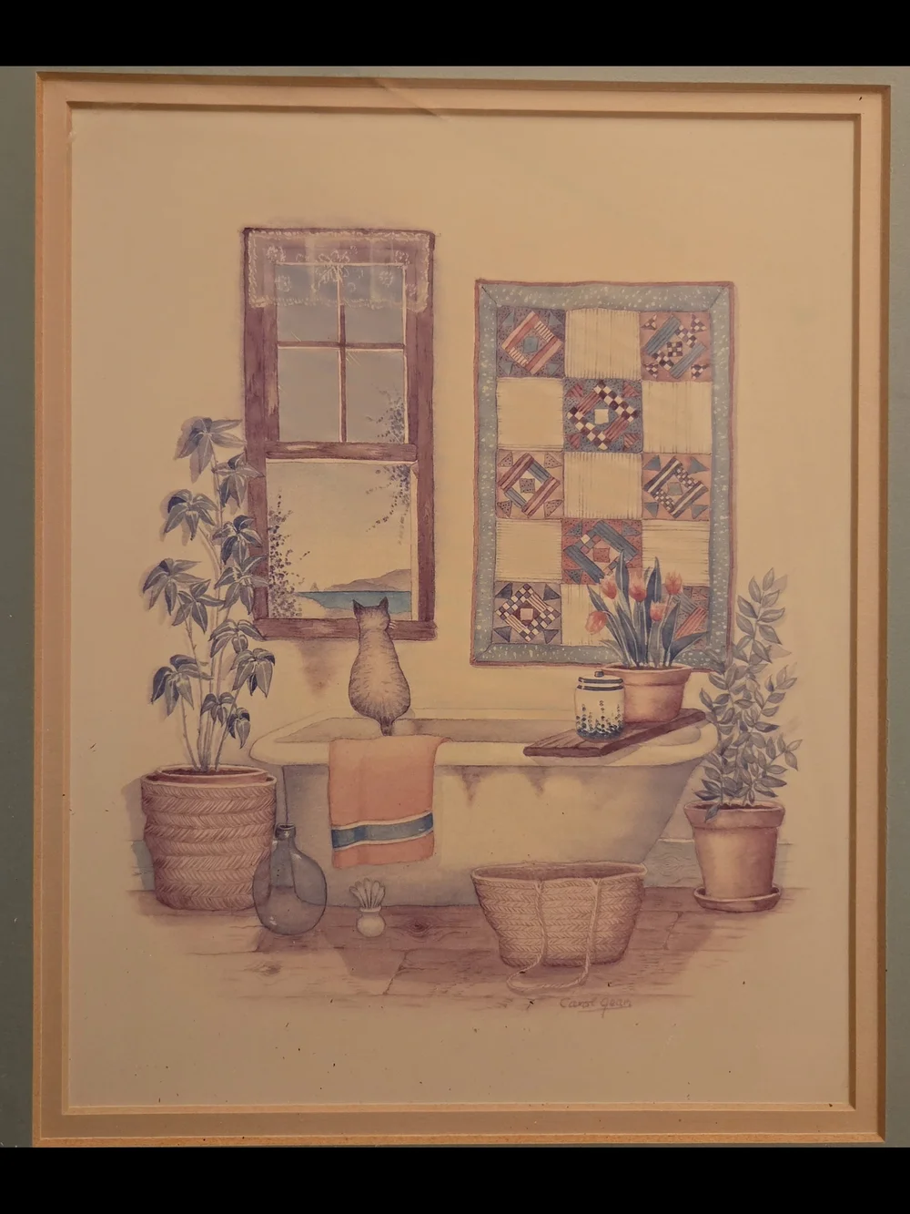 Vintage Carol Green Framed Bathroom Prints Set of 2 Cottagecore Farmhouse Art